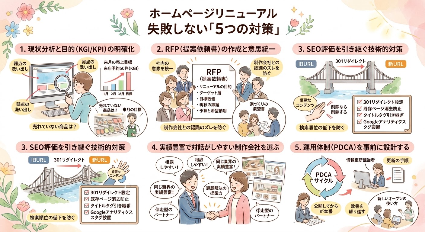 「ホームページリニューアルを失敗させないための『5つの対策』を解説するインフォグラフィック。対策1は『現状分析と目的(KGI/KPI)の明確化』で、弱点の洗い出しや目標設定について。対策2は『RFP(提案依頼書)の作成と意思統一』で、社内認識を統一し制作会社とのズレを防ぐ。対策3は『SEO評価を引き継ぐ技術的対策』で、旧URLから新URLへの301リダイレクト設定やチェックリスト(タイトルタグ引き継ぎ、Googleアナリティクスタグ設置)について。対策4は『実績豊富で対話がしやすい制作会社を選ぶ』で、課題解決の提案力や伴走型パートナーシップについて。対策5は『運用体制(PDCA)を事前に設計する』で、公開後の改善と情報更新の手順について説明されています。」
