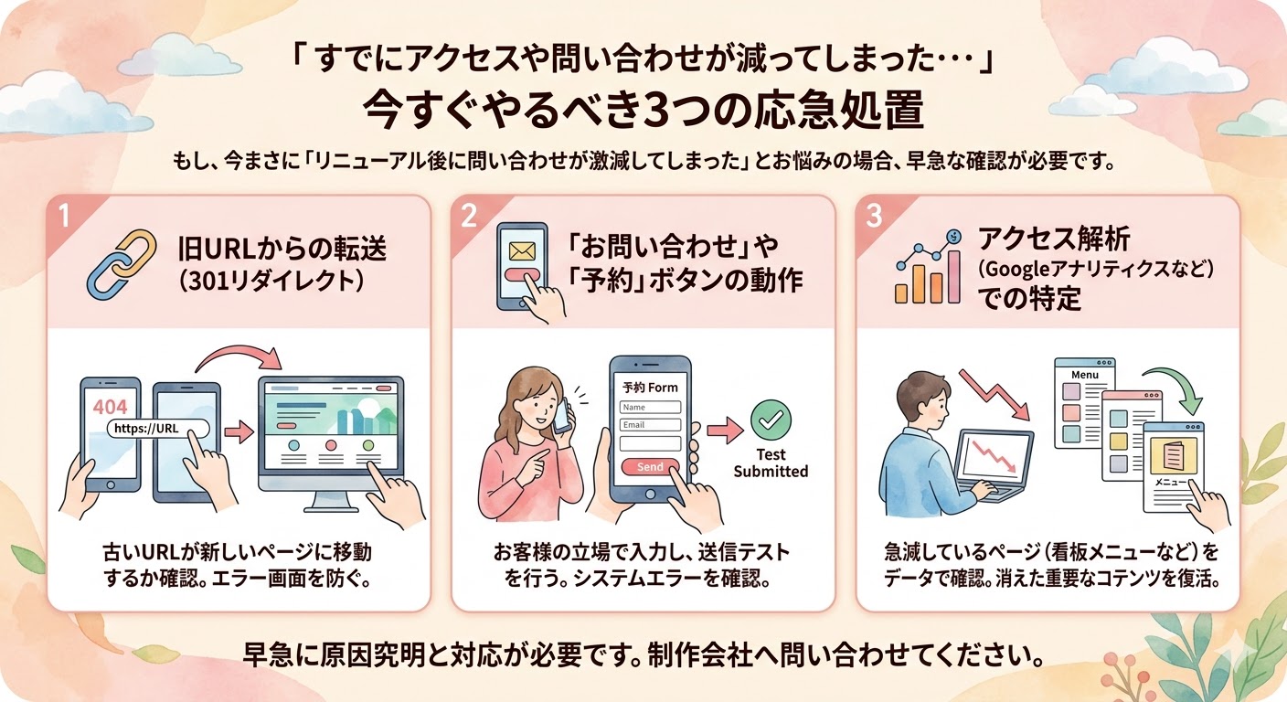 「リニューアル後にアクセスや問い合わせが激減してしまった場合の『今すぐやるべき3つの応急処置』を解説するインフォグラフィック。1. 旧URLからの転送(301リダイレクト)によるエラー画面の防止、2. お客様目線での『お問い合わせ』や『予約』フォームの送信テストとエラー確認、3. Googleアナリティクス等のアクセス解析を使った急減ページの特定と消えた重要コンテンツの復活、の3手順をイラスト付きで説明し、早急な原因究明を促しています。」