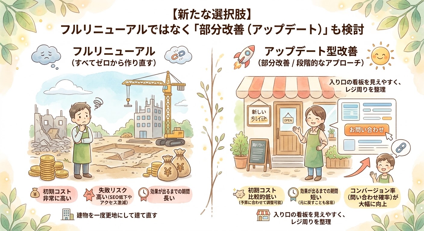 「ホームページの『フルリニューアル』と『アップデート型改善(部分改善)』のメリット・デメリットを比較した図。建物の建て替えに例えたフルリニューアルは、初期コストや失敗リスクが高く効果が出るまで時間がかかると説明。一方、店舗の看板やレジ周りの整理に例えたアップデート型改善は、初期コストが比較的低く、短期間でコンバージョン率向上の効果が出やすいことを示し、段階的なアプローチを新たな選択肢として提案しています。」