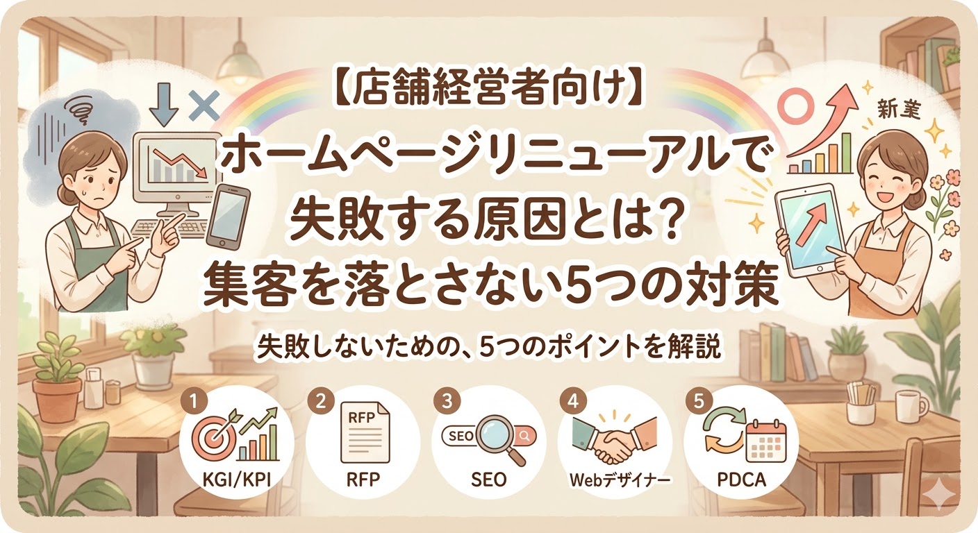 店舗経営者向けにホームページリニューアルで失敗する原因と、集客を落とさない5つの対策（KGI/KPI、RFP、SEO、Webデザイナー、PDCA）を解説するサムネイル画像