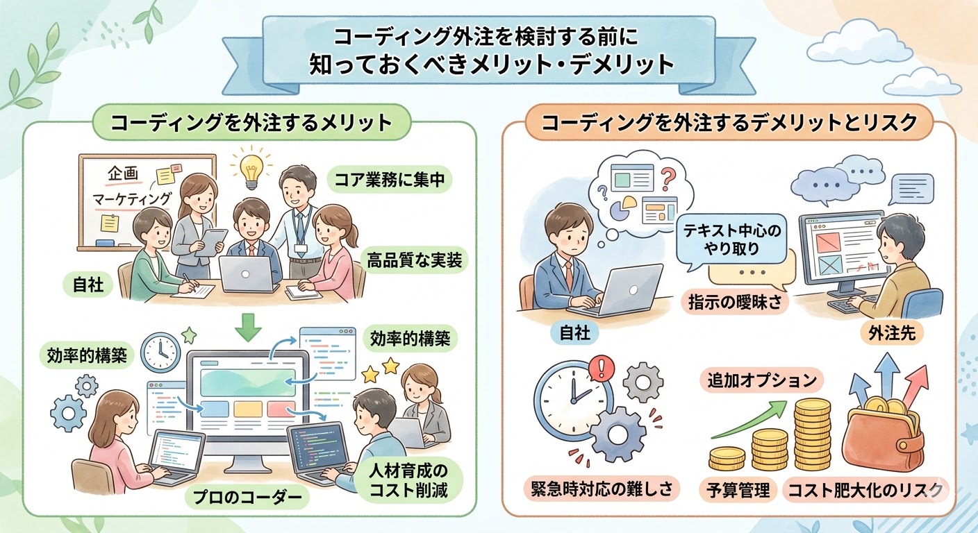 コーディング外注を検討する前に知っておくべきメリット・デメリット」というタイトルのインフォグラフィック。左側には「自社」の利点としてコア業務への集中、高品質な実装、効率的な構築、人材育成コストの削減が挙げられ、プロのコーダーによるPC・スマホサイトの成果物例が描かれている。右側には「デメリットとリスク」として自社側の課題（指示の曖昧さ、緊急時対応の難しさ、コスト肥大化）と外注先とのコミュニケーションの難しさ、予算管理の重要性が示されている。コーディング外注のメリット、デメリット、リスクを包括的に解説。