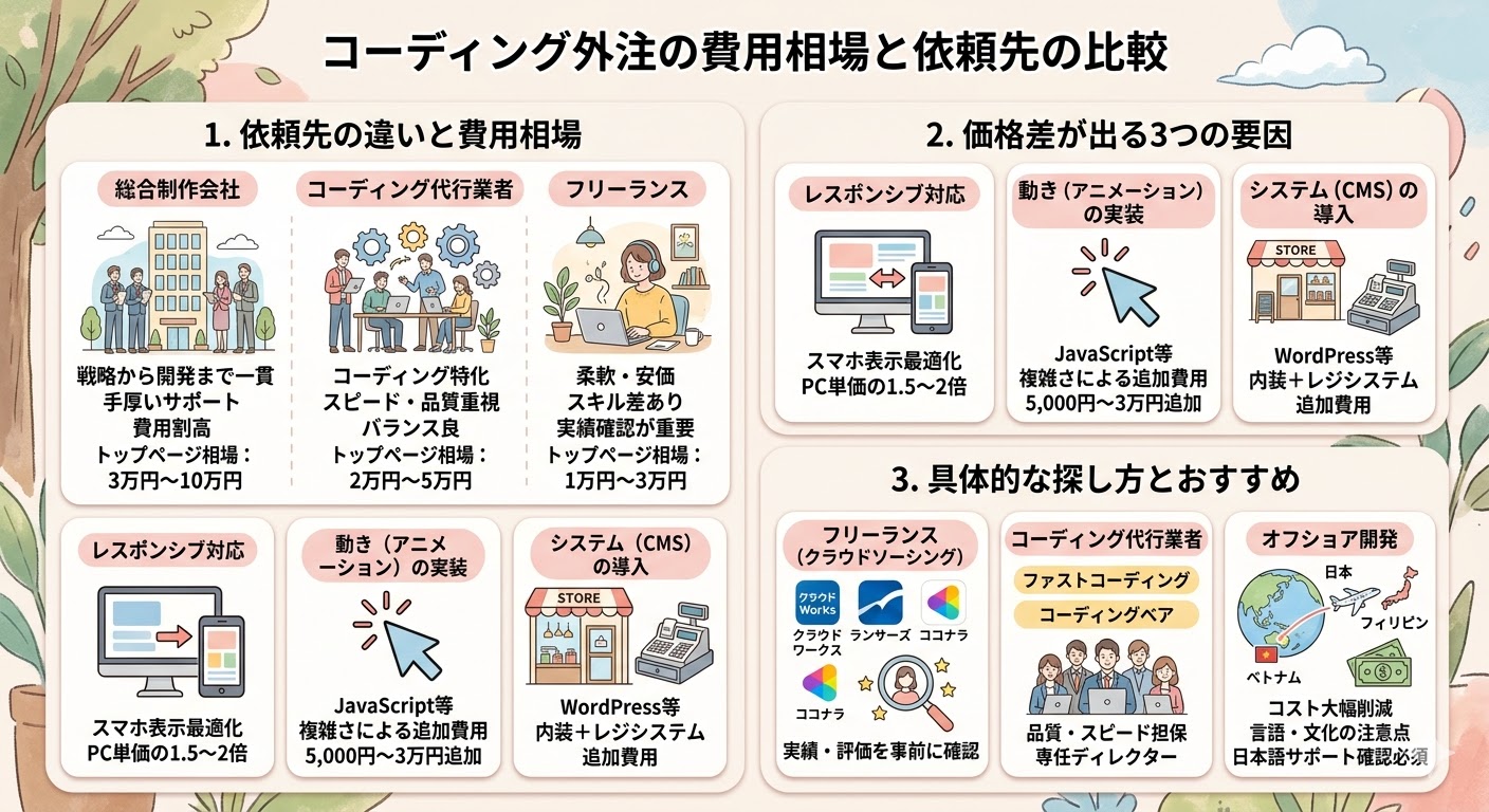コーディング外注の費用相場と依頼先の比較」というタイトルのインフォグラフィック。3つのセクションに分かれている。1つ目は「依頼先の違いと費用相場」で、総合制作会社、コーディング代行業者、フリーランスのそれぞれの特徴、強み、弱み、トップページ制作費の相場を比較。2つ目は「価格差が出る3つの要因」で、レスポンシブ対応、動き（アニメーション）の実装、システム（CMS、WordPress等）の導入にかかる追加費用を説明。3つ目は「具体的な探し方とおすすめ」で、クラウドソーシング、コーディング代行業者、オフショア開発の選択肢を提示。コーディング外注のコストとパートナー選びに役立つ情報。
