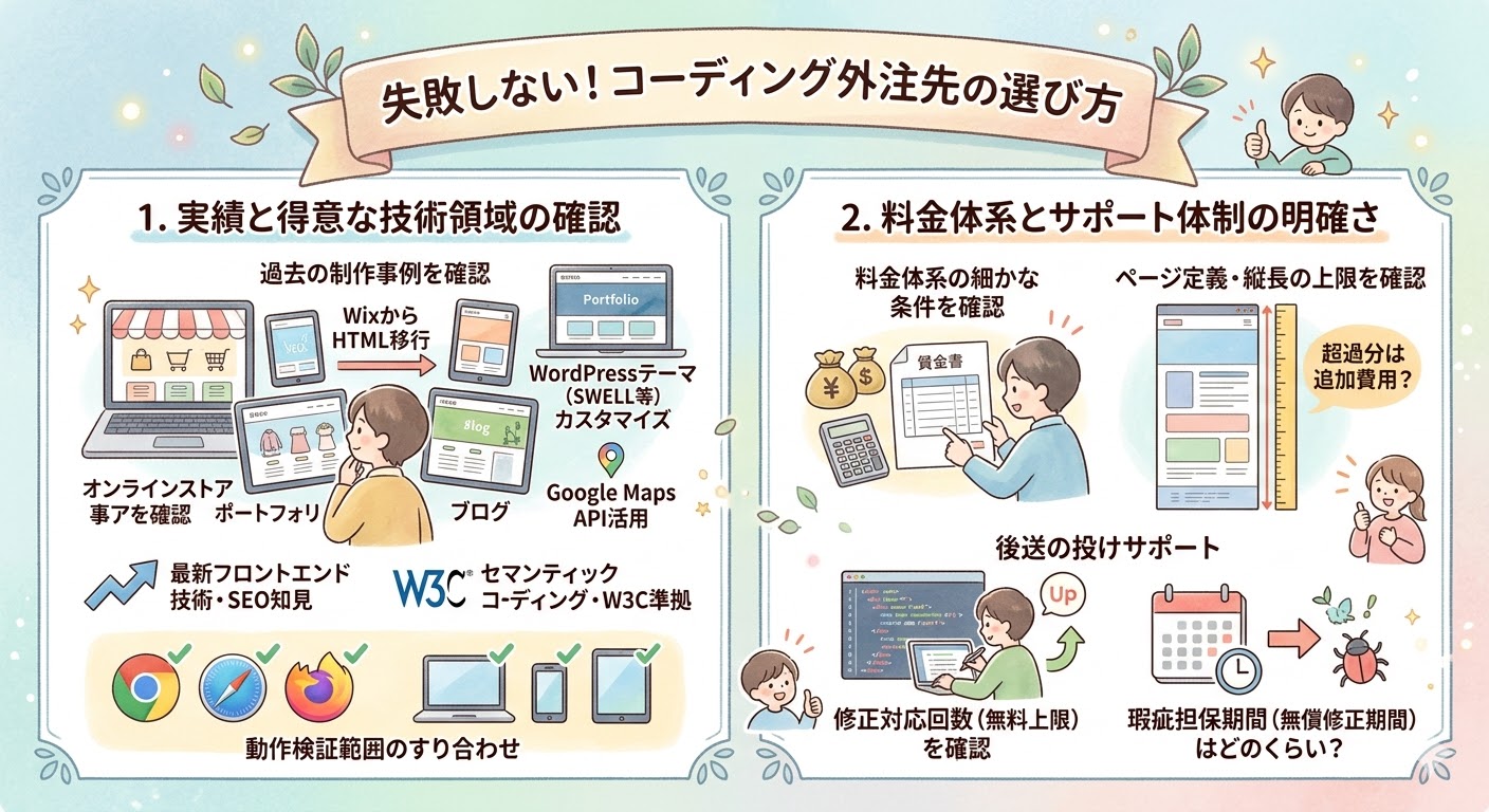 失敗しない！コーディング外注先の選び方」というタイトルのインフォグラフィック。2つの主要セクションがある。1つ目は「実績と得意な技術領域の確認」で、過去の制作事例、対応範囲（HTML移行, WordPressカスタマイズ, オンラインストア等）、得意技術（W3C準拠, SEO知見）、動作検証範囲（主要ブラウザ, デバイス）を確認する重要性を説明。2つ目は「料金体系とサポート体制の明確さ」で、詳細な条件（ページ定義, 縦長の長さ上限）、後送の投げサポート（修正対応回数, 瑕疵担保期間）について具体的に確認すべき点を提示。高品質なコーディング外注先を選定するためのガイド。