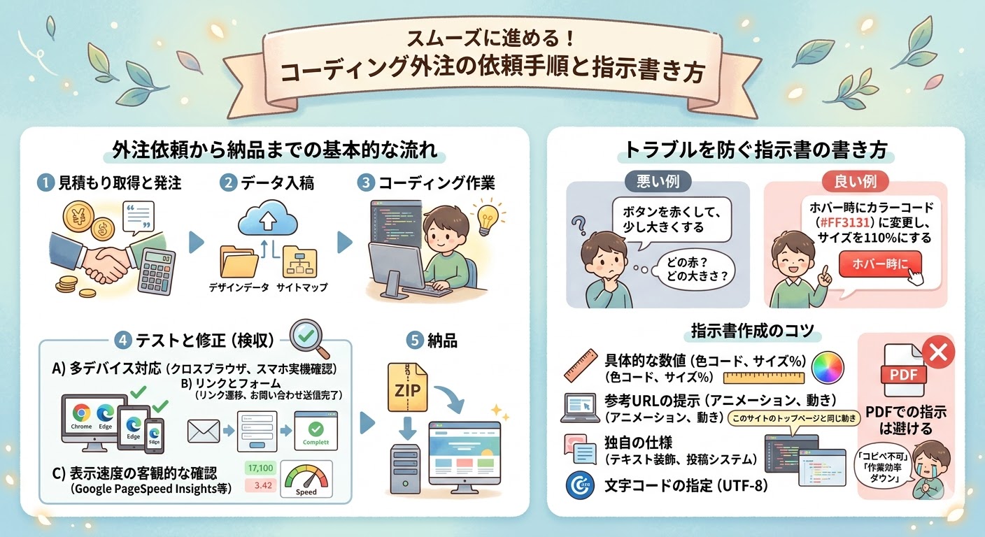 スムーズに進める！コーディング外注の依頼手順と指示書の書き方」というタイトルのインフォグラフィック。左側には「外注依頼から納品までの基本的な流れ」として、見積もりからデータ入稿、コーディング、テストと修正（検収）、納品までの5ステップが描かれ、テスト内容の例も記載。右側には「トラブルを防ぐ指示書の書き方」として、悪い例と良い例の具体的な比較（数値指定, 参考URL, 独自の仕様, 文字コード）があり、PDFでの指示は避けるべきという注意点も含まれている。コーディング外注プロジェクトの進行を効率化し、ミスを防ぐためのガイド。