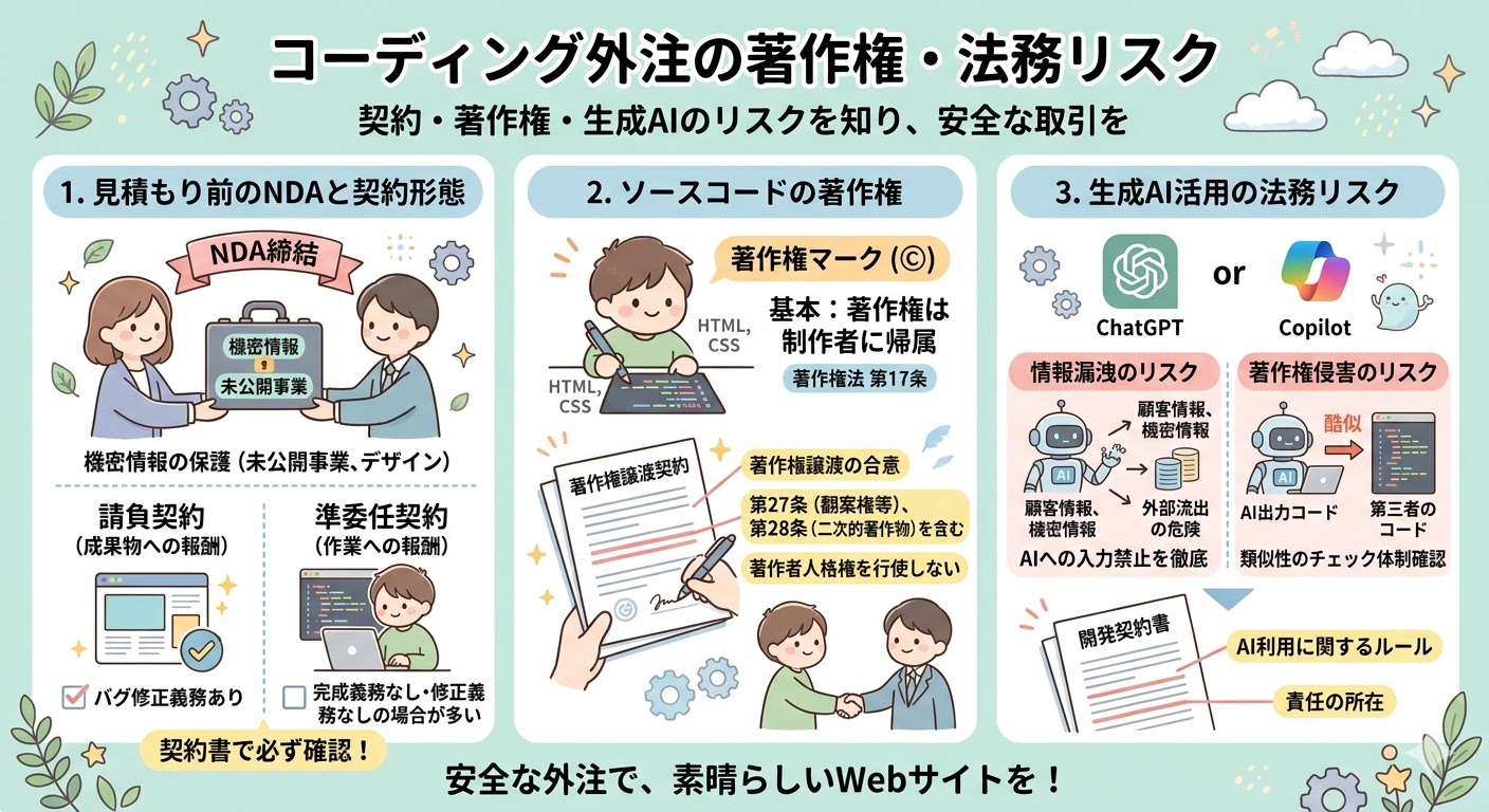 コーディング外注の著作権・法務リスク」というタイトルのインフォグラフィック。サブタイトルは「契約・著作権・生成AIのリスクを知り、安全な取引を」。3つのセクションがあり、1つ目は「見積もり前のNDAと契約形態」でNDA締結と請負・準委任契約の違い、2つ目は「ソースコードの著作権」で著作権の帰属と譲渡契約の内容、3つ目は「生成AI活用の法務リスク」でChatGPT/Copilot活用時の情報漏洩や著作権侵害のリスクと、AI利用に関するルールの必要性を解説。コーディング外注における法的トラブルを回避するための知識。