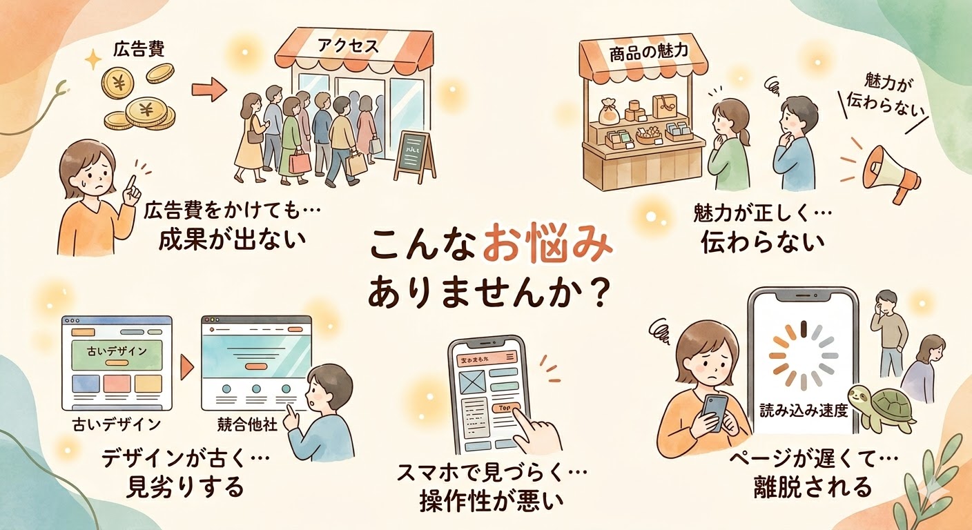 Web集客やサイト運用における「広告の成果が出ない」「商品の魅力が伝わらない」「デザインが古い」「スマホで操作しづらい」「ページが遅くて離脱される」といった5つのよくあるお悩みをまとめたイラスト。