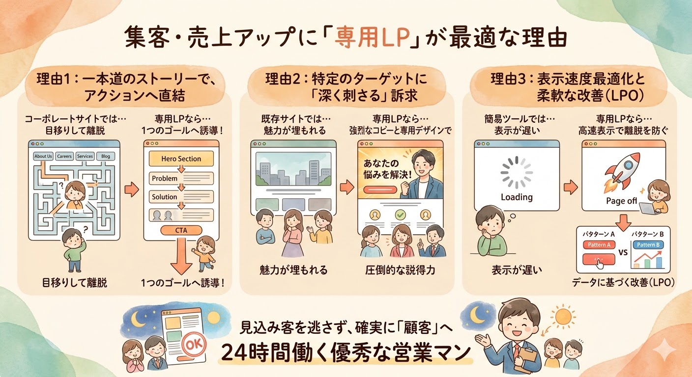 集客・売上アップに専用LP（ランディングページ）が最適な3つの理由（1.一本道のストーリーでアクションへ直結、2.ターゲットに深く刺さる訴求、3.表示速度最適化とLPOによる改善）を図解したイラスト。専用LPを「24時間働く優秀な営業マン」として紹介しています。
