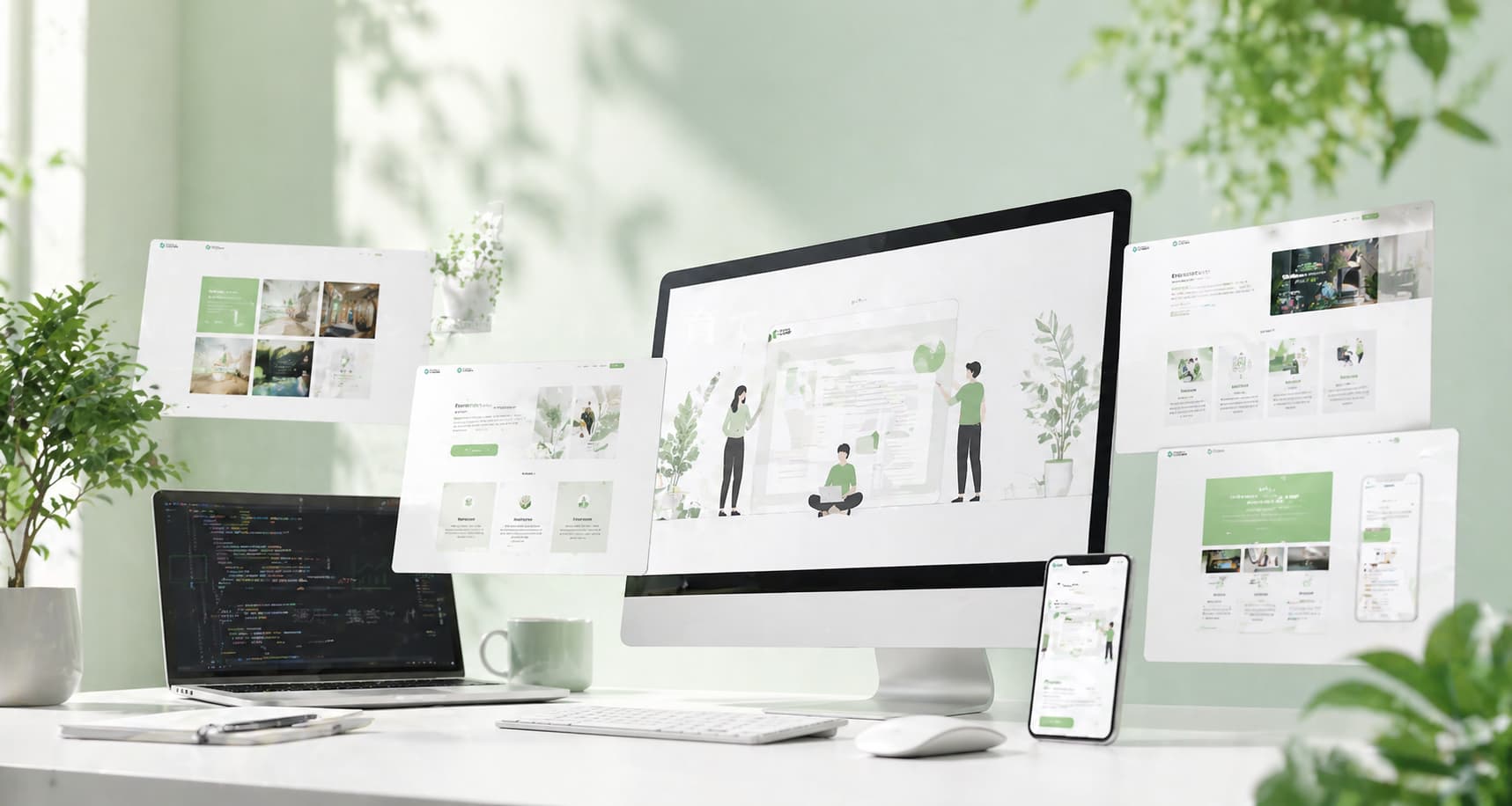 グリーンのツタが伸びる背景に、Webページのワイヤーフレームを描いたデザインイメージ。