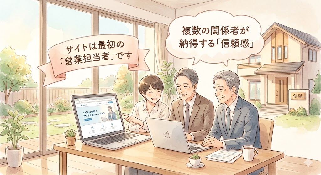 BtoB企業のコーポレートサイトをノートPCで確認しているビジネスパーソン