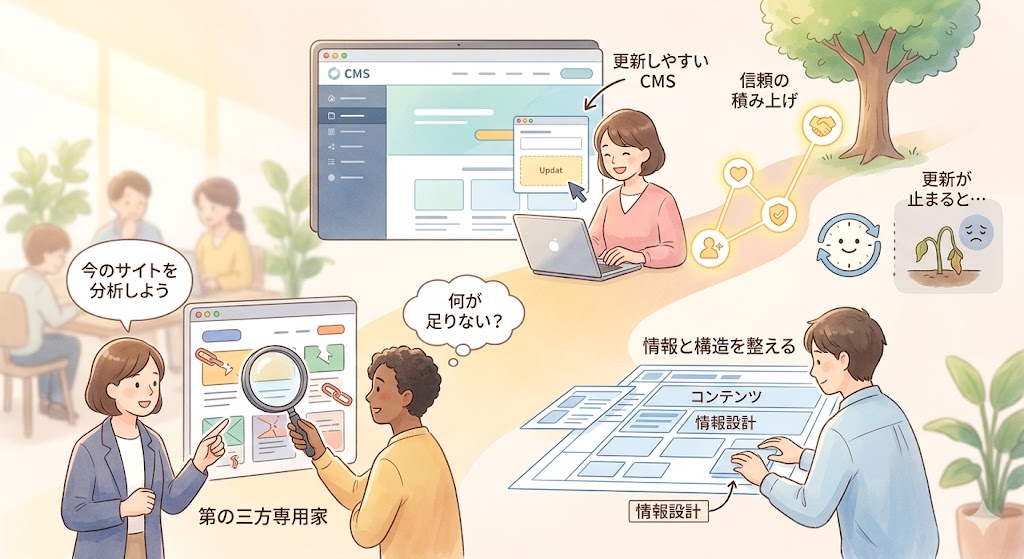 コーポレートサイトのリニューアルを企画しているチームのイラスト