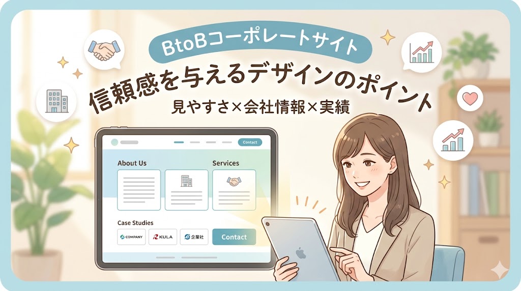 BtoB企業のコーポレートサイトをノートPCで確認しているビジネスパーソン