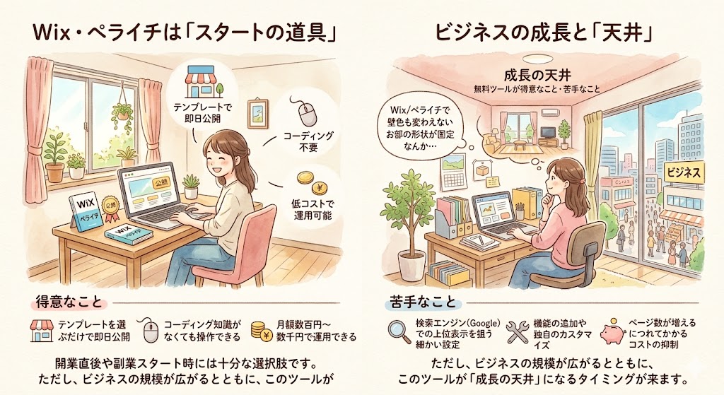無料ホームページ作成ツールの特徴と限界を示すイメージ