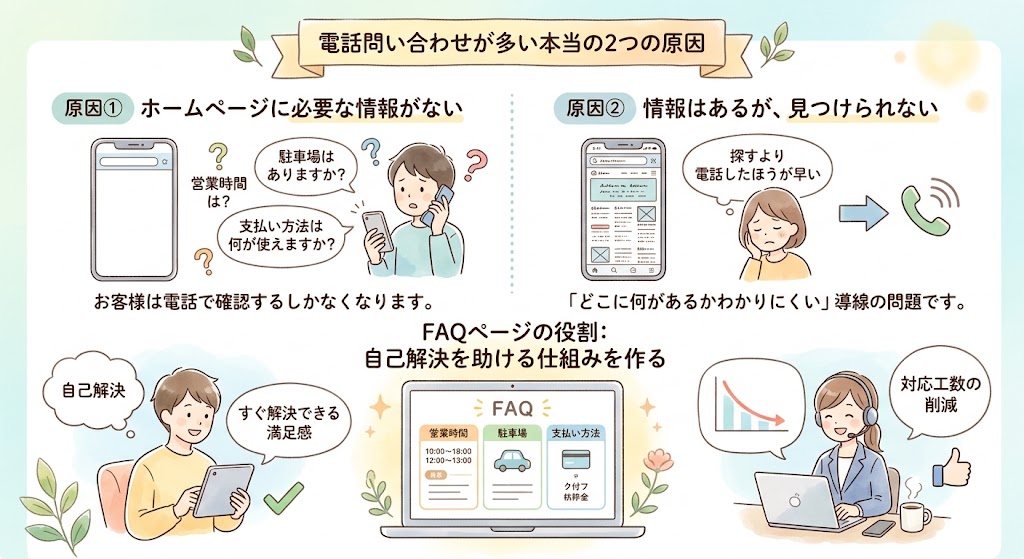 ホームページのFAQページを見て疑問が解決したお客様のイラスト