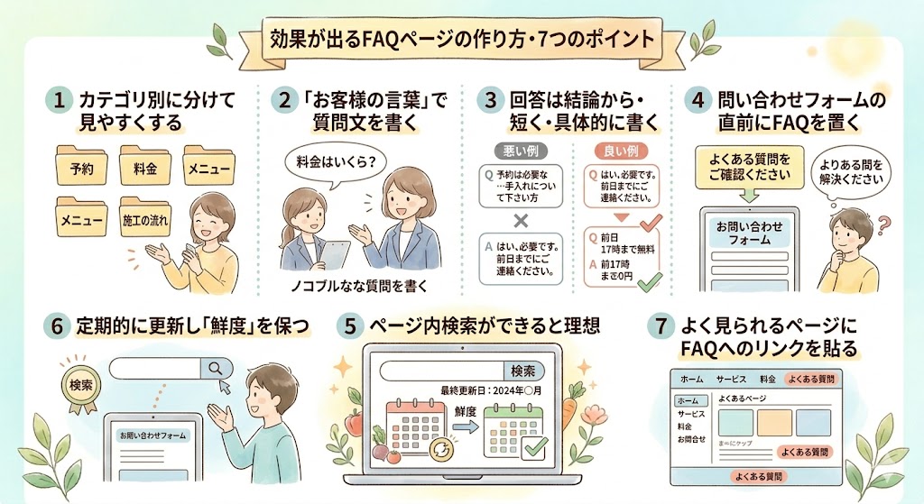 alt: FAQページの7つのポイントをまとめたチェックリストのイラスト
