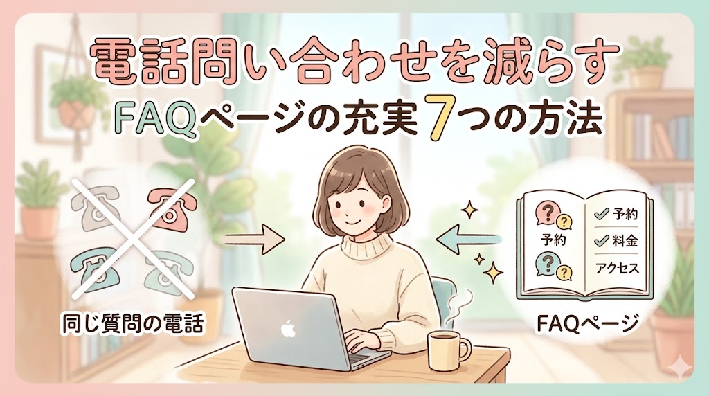 パソコン画面に表示されたよくある質問ページと、静かなオフィスの電話