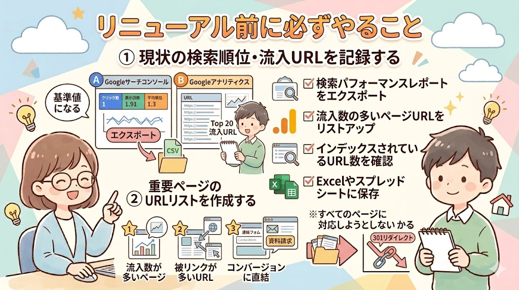 リニューアル前にSearch ConsoleとAnalyticsで現状データを記録しているイメージ