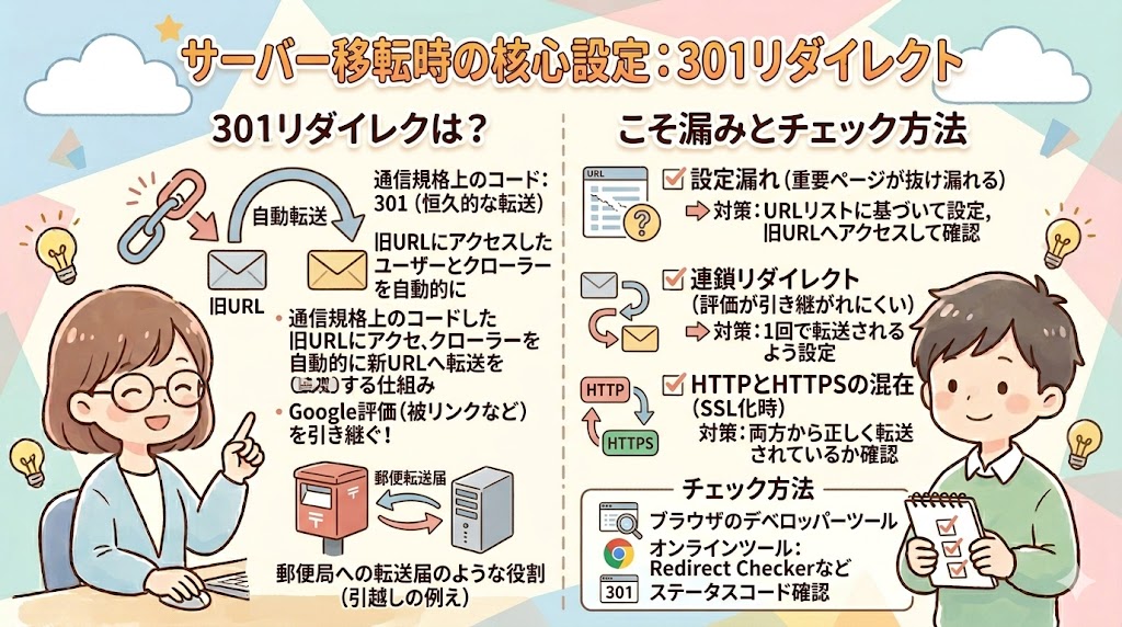 301リダイレクトによる旧URLから新URLへの転送の仕組みを表した矢印図