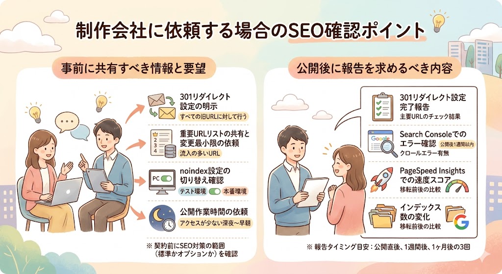 制作会社と打ち合わせをしながらSEOチェックリストを確認しているイメージ
