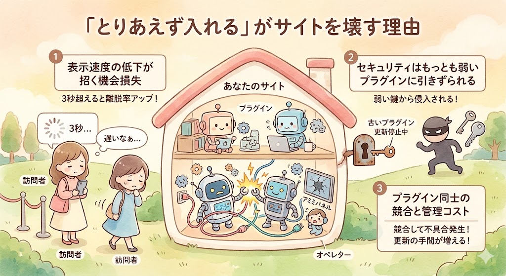 多数のプラグインで重くなり崩れかけているWordPressサイトのイメージイラスト
