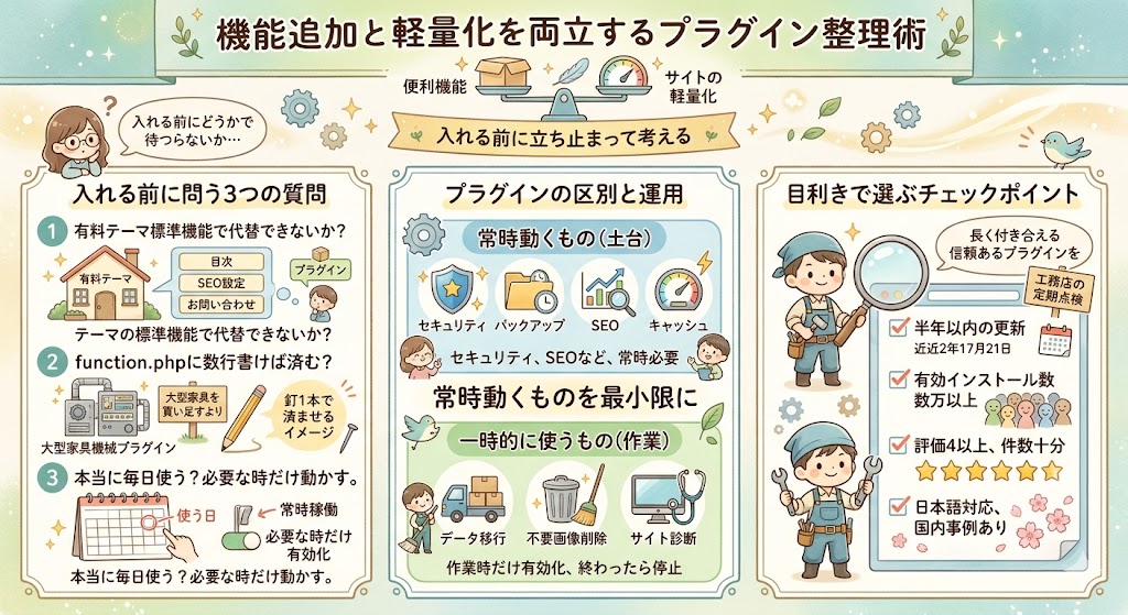機能追加と軽量化のバランスを天秤で表現したイラスト
