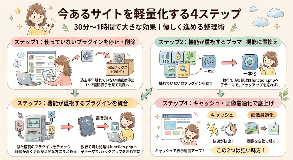 WordPressサイトを軽量化する4つのステップを階段状に示したイラスト
