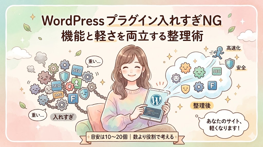 多数のプラグインアイコンとスピードメーターのバランスを取るWordPressサイトのイラスト