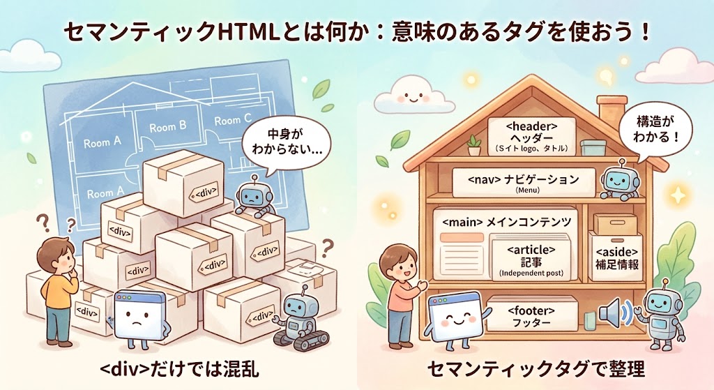 HTMLタグに意味のあるラベルが貼られた箱として整理されているイラスト