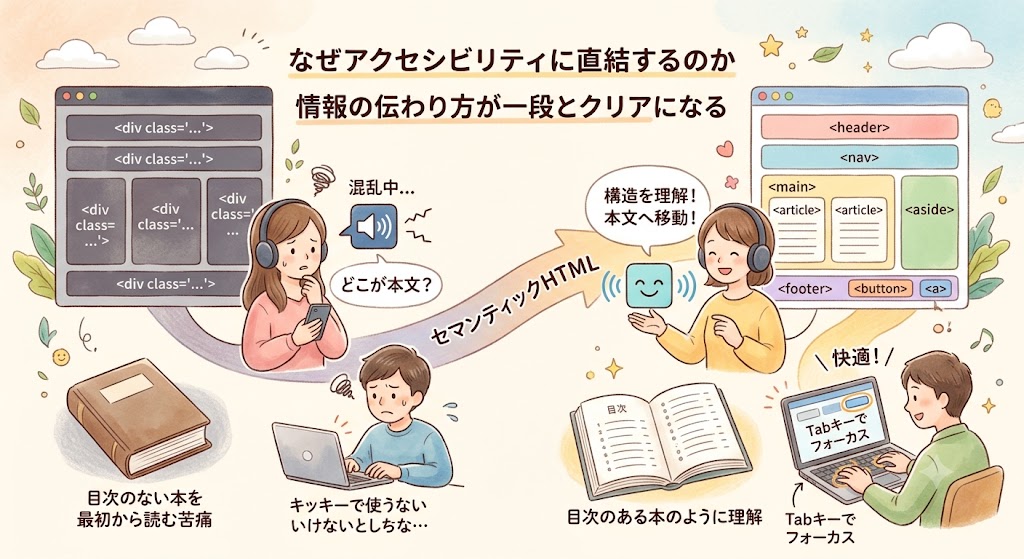 スクリーンリーダーやキーボードでWebを利用するユーザーをイメージしたイラスト