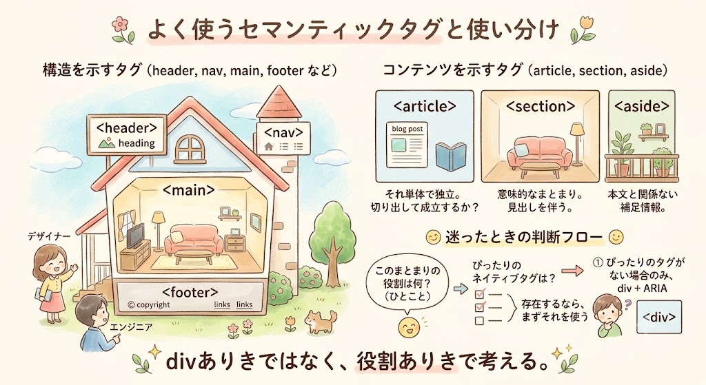 header, nav, main, article, footerなどのセマンティックタグでページ構造を示したワイヤーフレーム