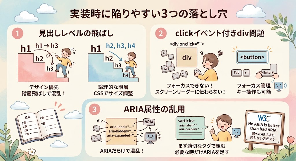 HTMLマークアップでつまずきやすいポイントを警告アイコンで示したイラスト
