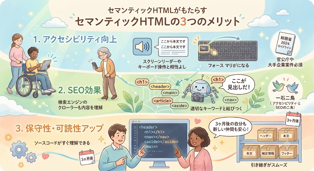 アクセシビリティ・SEO・保守性の3つのメリットを表現したアイコン群