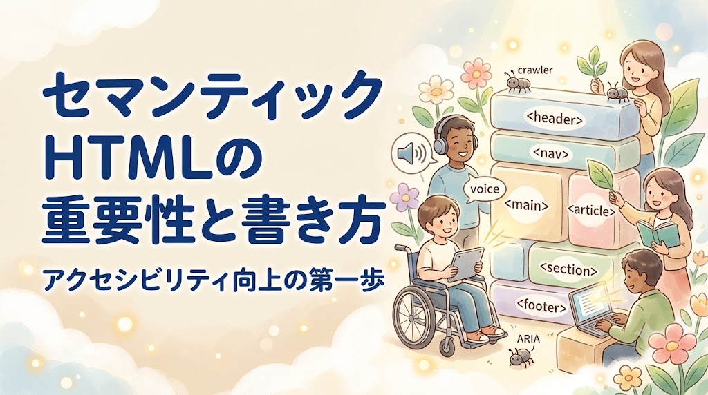 セマンティックHTMLとアクセシビリティをイメージしたWebレイアウトのイラスト