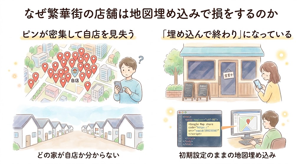繁華街の地図にピンが密集していて自店がわかりにくい様子を示すイラスト