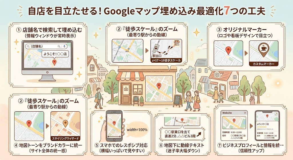 七つの工夫を表す番号付きアイコンが並ぶシンプルなイラスト