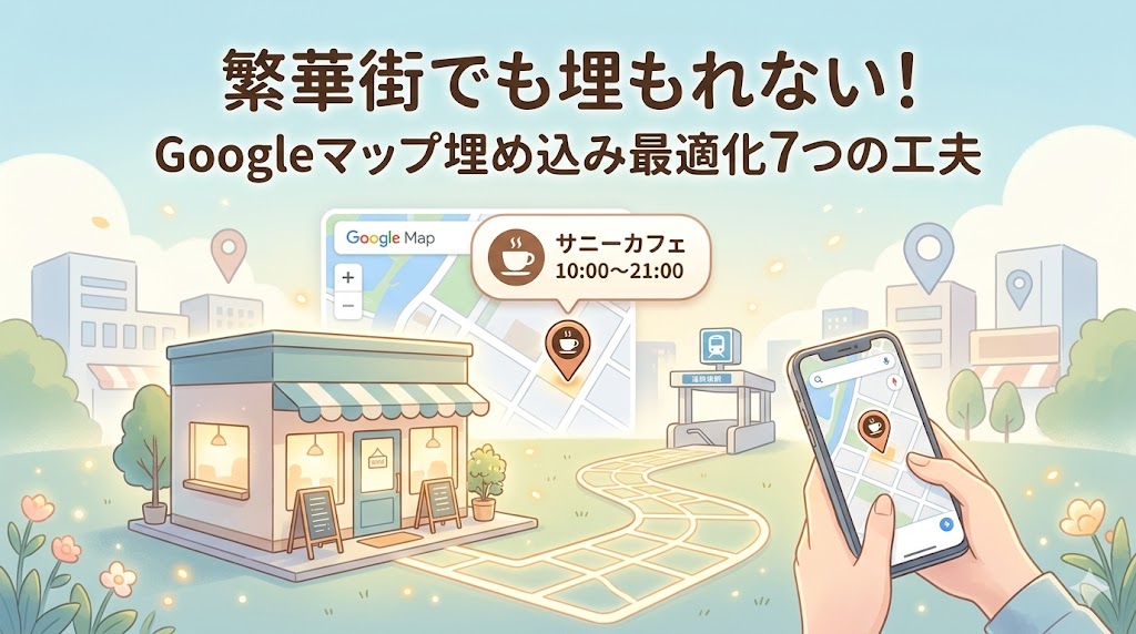 繁華街の地図上で一つの店舗ピンだけが明るく強調されているフラットイラスト