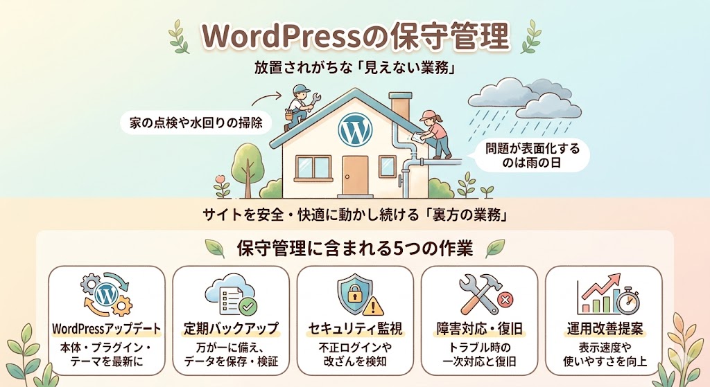 WordPress保守管理に含まれる5つの作業を歯車で表現したイラスト
