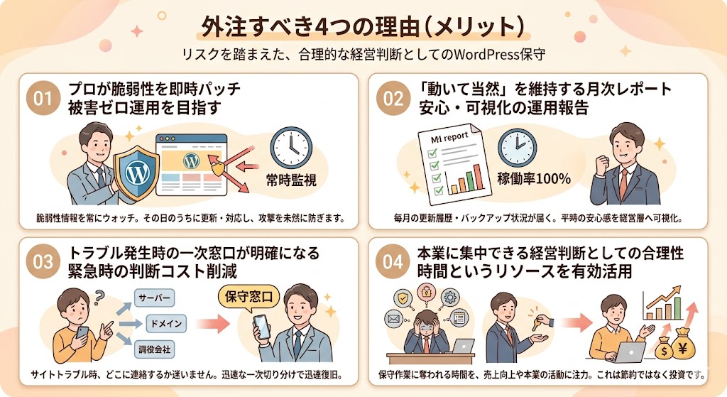 外注によって本業に集中できる経営者と保守を担うプロのチームのイメージ