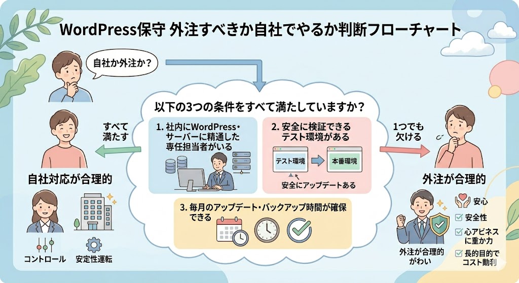 外注と自社運用の判断フローを表したシンプルなチャート図