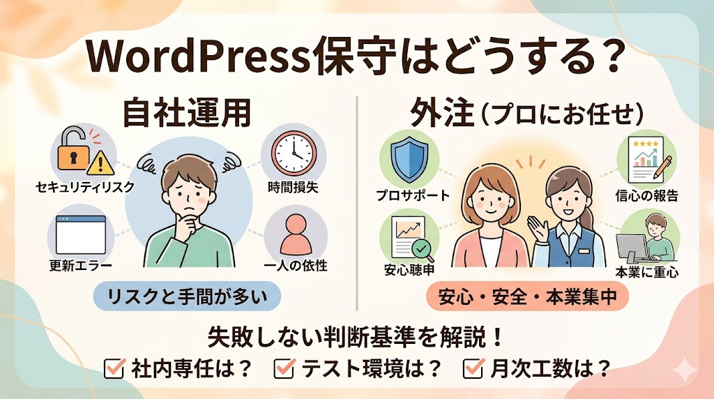 ノートパソコンの画面に表示されたWordPressダッシュボードと保守作業を象徴するアイコン
