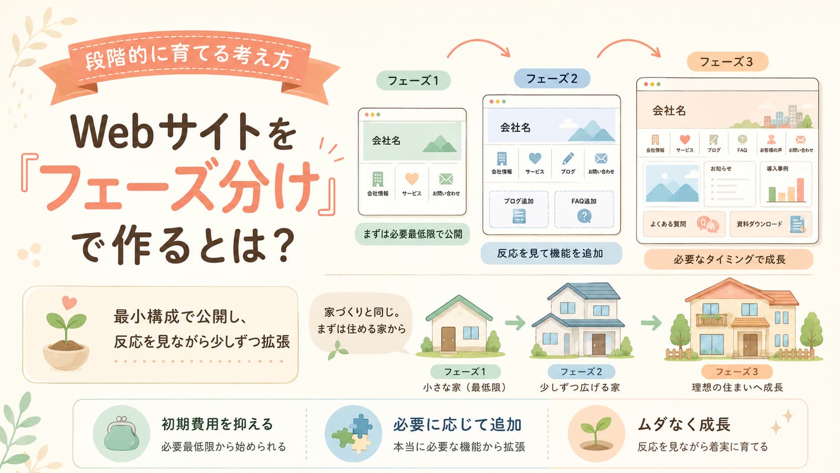 小さな家から段階的に増築されていく様子とWebサイトが少しずつ拡張される様子を重ねたイラスト