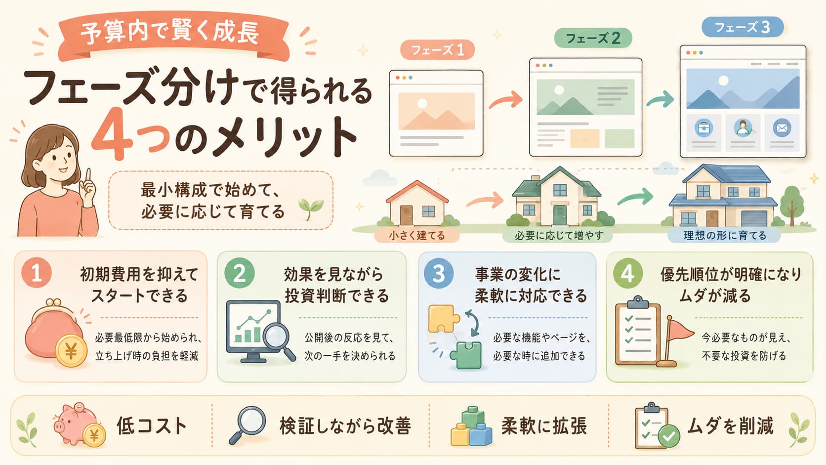 初期費用の抑制・効果測定・柔軟な拡張・優先順位の明確化という4つのメリットをアイコンで表したイラスト