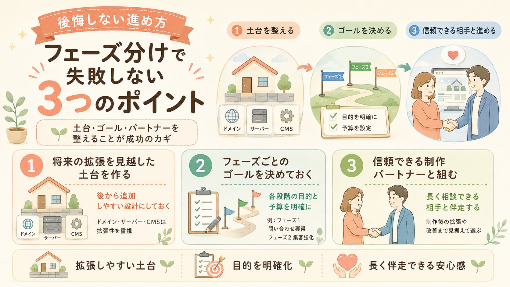 強固な土台・フェーズごとのゴール・信頼できるパートナーという3つのポイントを表したイラスト