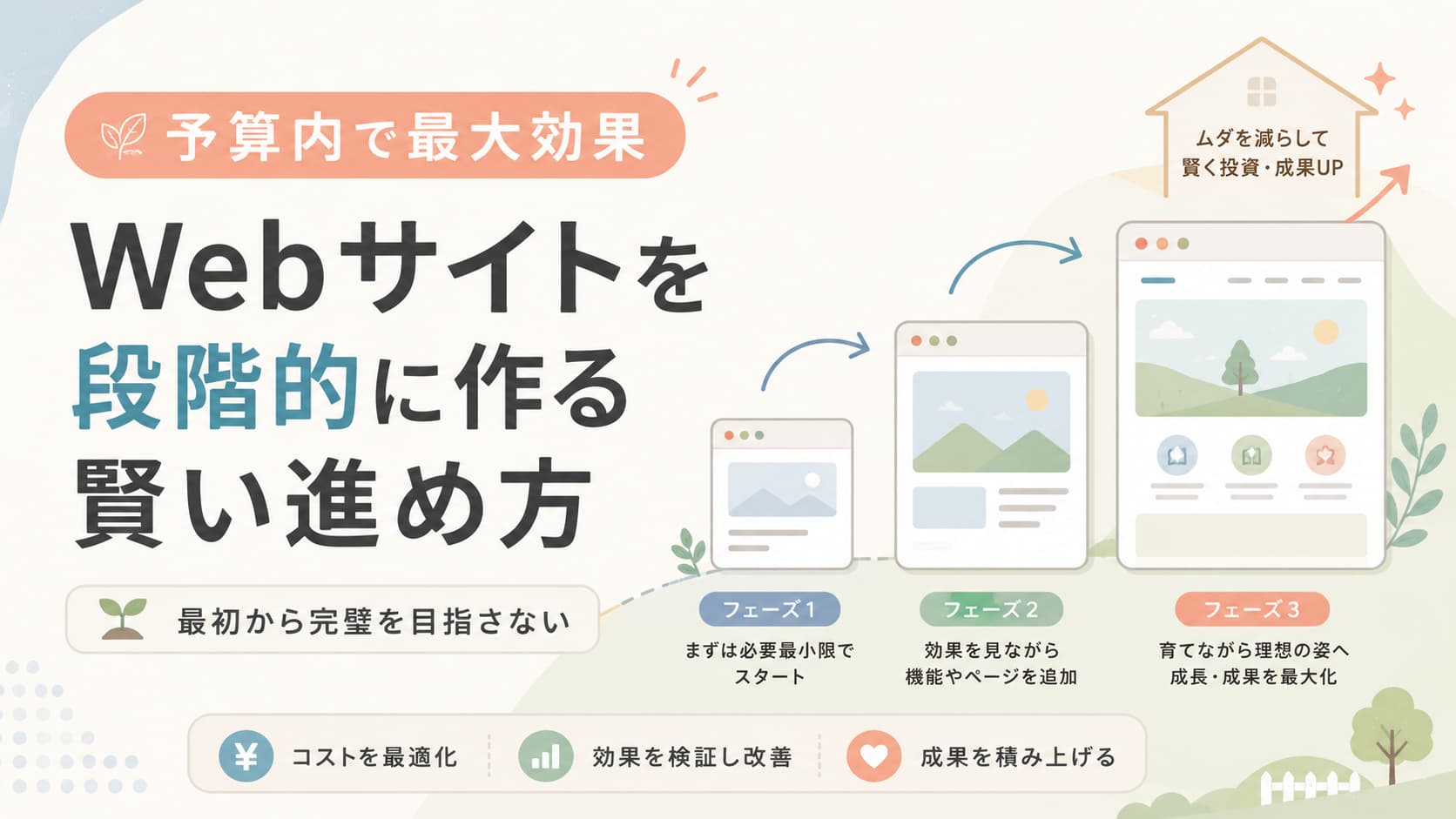 複数のデバイスに表示されたWebサイトが段階的に組み上がっていく様子を表したフラットイラスト
