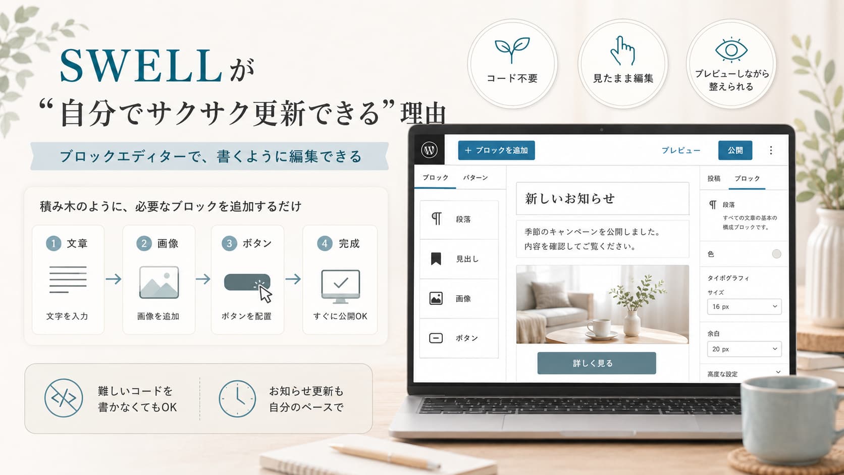 ブロックを積み木のように並べてページを編集するイメージ