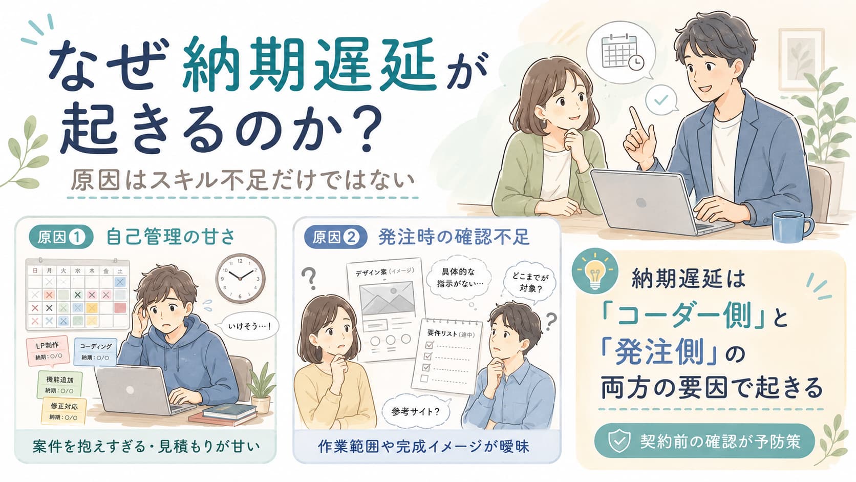 納期遅延の原因を歯車とカレンダーで表したイメージ
