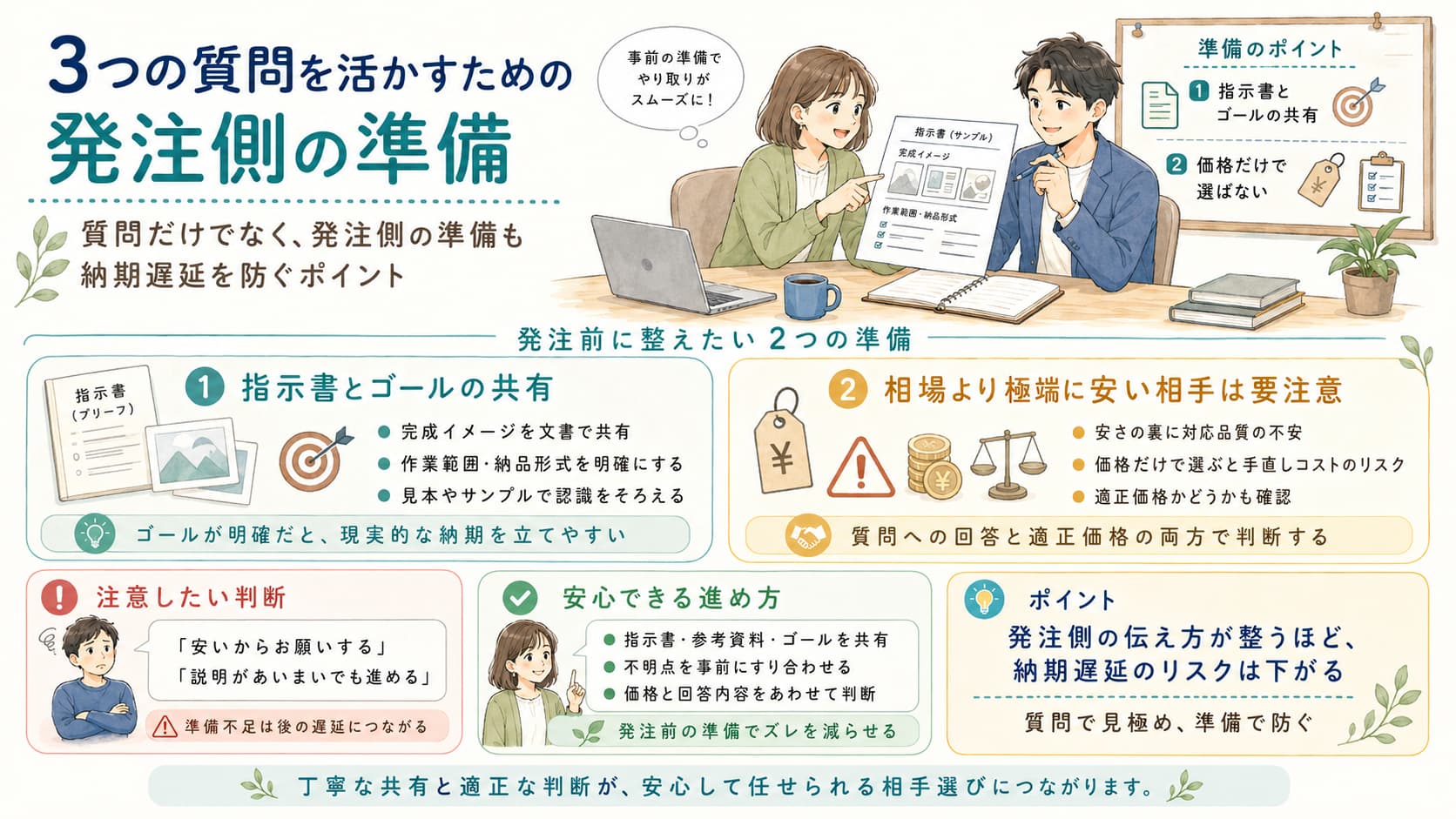 指示書とゴールイメージを準備する発注担当者のイメージ