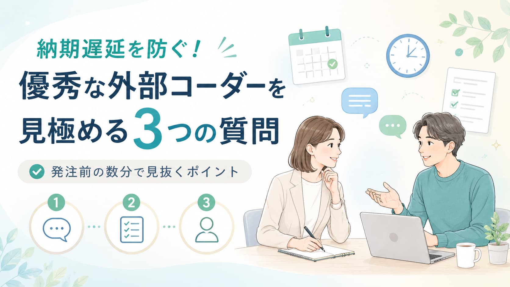 ノートパソコンの前で外部コーダーと打ち合わせをするWeb制作担当者のイメージ