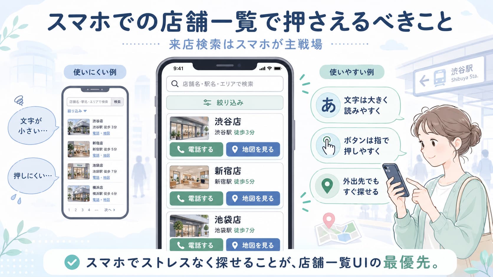 屋外で片手のスマホを使い近くの店舗を探す人のイラスト