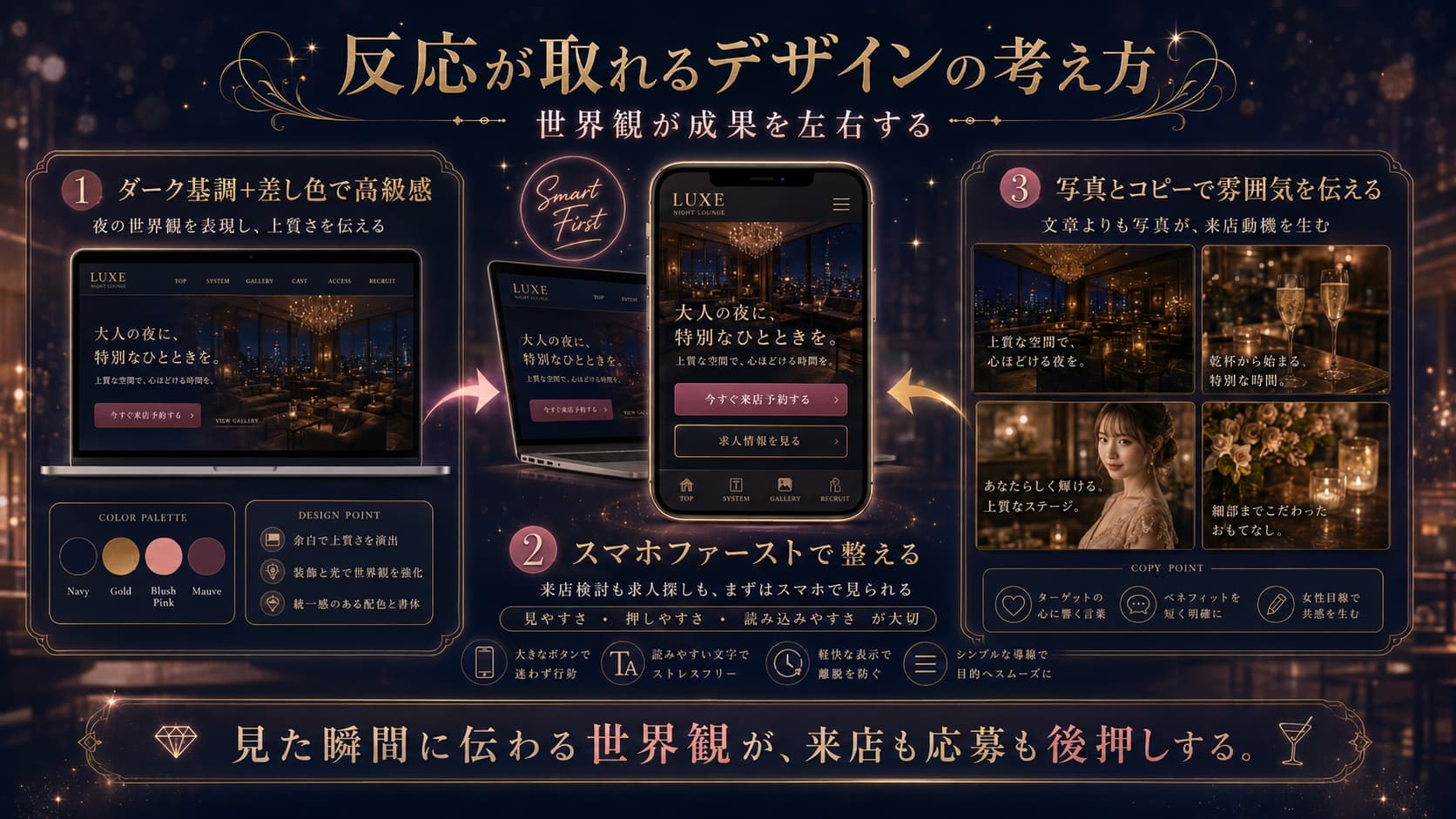 ダークとゴールドを基調にした高級感のあるスマホ画面のデザイン例