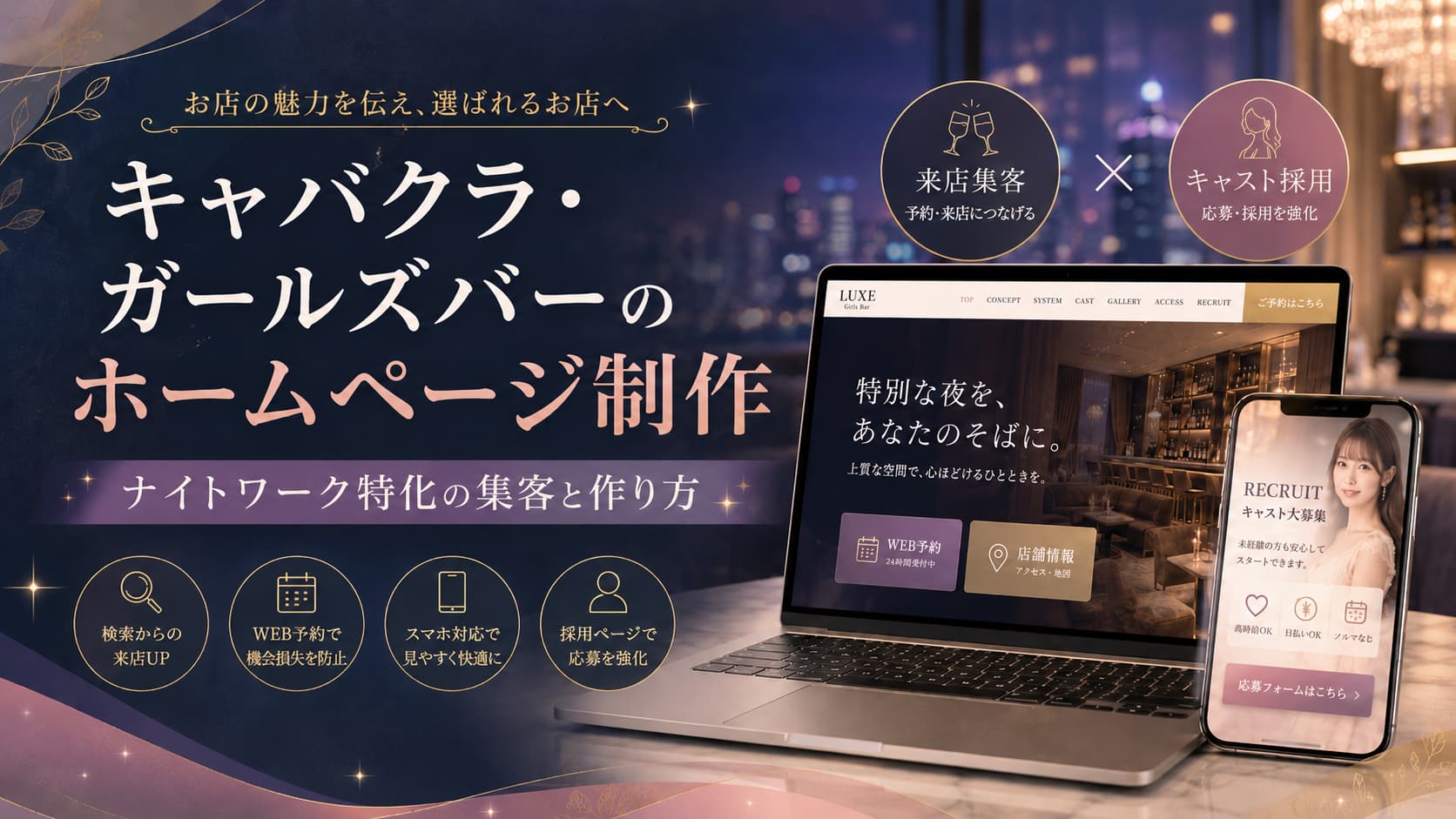 ダークとゴールドを基調にした高級感のあるナイトワーク店のホームページをスマホとPCで表示したイラスト